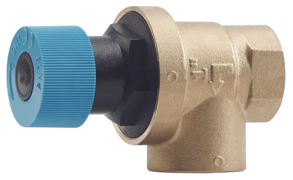 Brass safety valve with a blue plastic cap, designed for gas installations, commonly used in Vaillant heating systems.